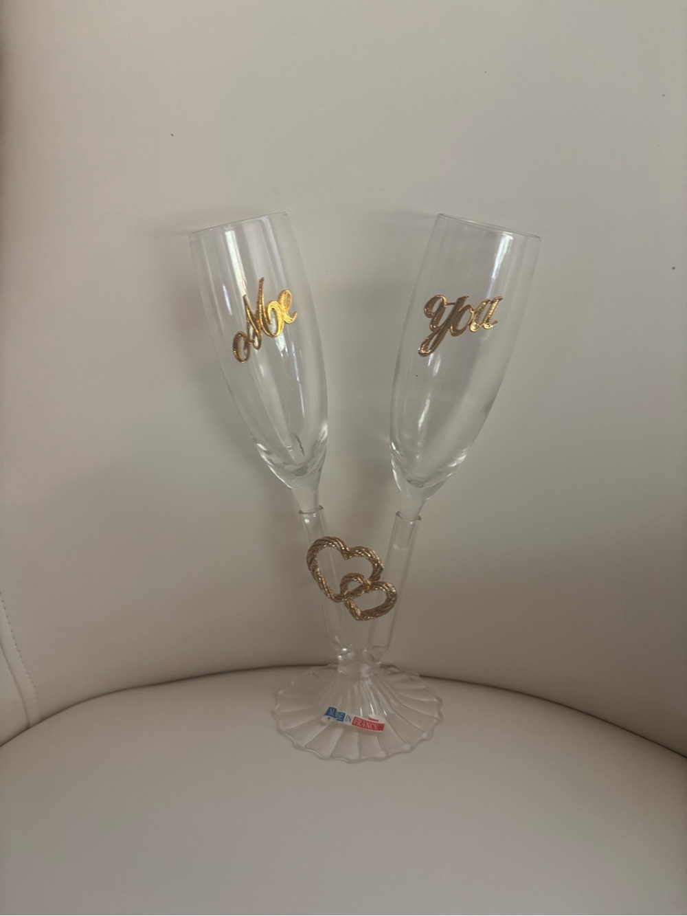 Vintage Gold Script 'Me' and 'You' Crystal Champagne Flutes - Set of 2 /3 parts